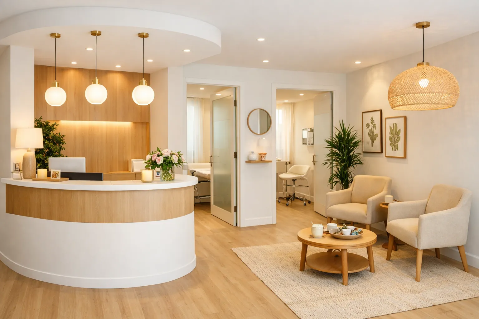 Helle, moderne Praxis mit warmem Empfangsbereich